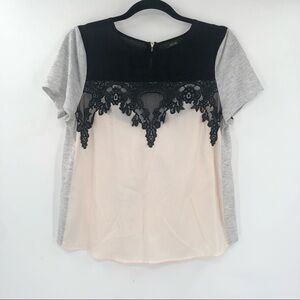 APT 9 Mixed Media Top Lace Accent Zip Back M Women Blouse Short Sleeve Medium
